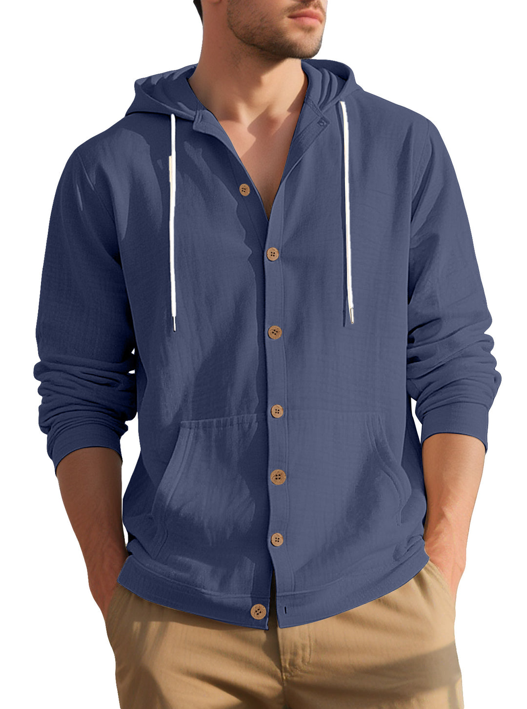 Herren nan leichtes Kapuzen-Übershirt im Crinkle-Look mit Holzknopfleiste und Kängurutasche Drune