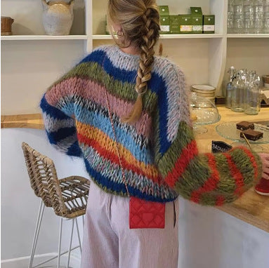 Damen Kuscheliger Strickpullover mit weit ausgestellten Ärmeln und buntem Streifenmuster Drune