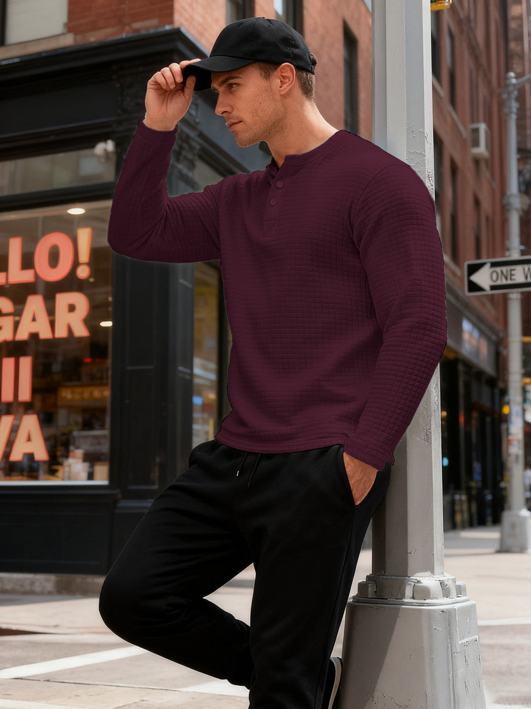 Herren nan strukturiertes Henley-Langarmshirt aus Waffelstrick mit Stehkragen und schmaler Silhouette Drune
