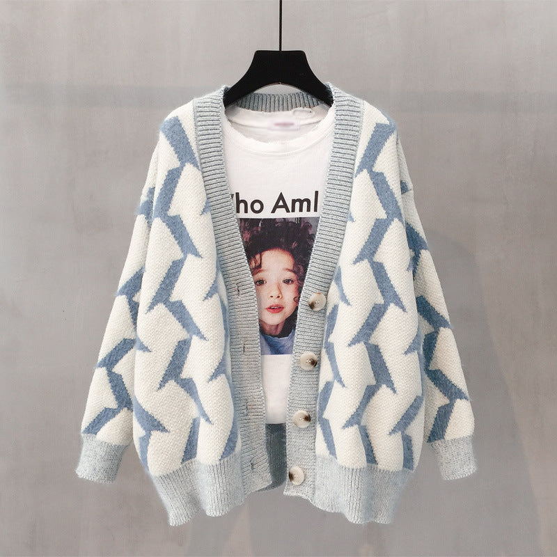 Damen Grobstrick Cardigan mit modernem Zickzackmuster und Knopfdetails Drune
