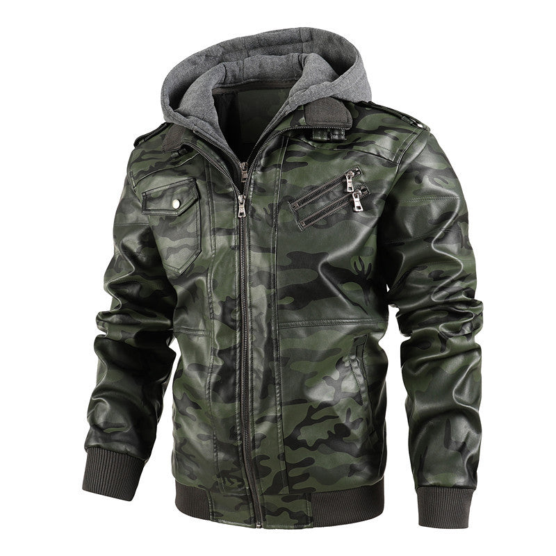 Herren Kunstlederjacke mit abnehmbarer Kapuze und multifunktionalen Taschen Drune