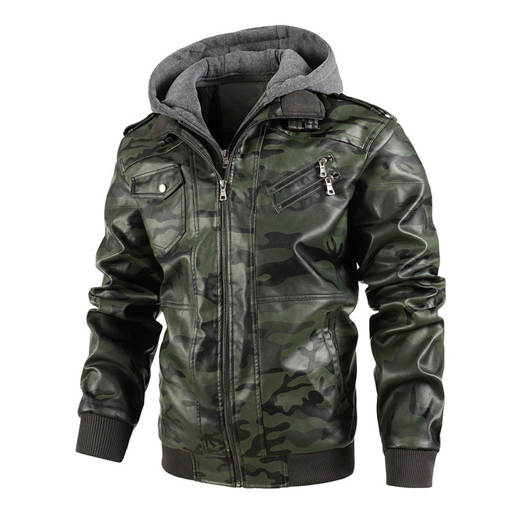 Herren Kunstlederjacke mit abnehmbarer Kapuze und multifunktionalen Taschen Drune
