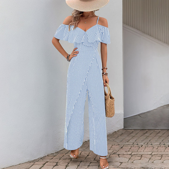 Damen eleganter Jumpsuit mit schulterfreiem Design und gestreiftem Muster Drune