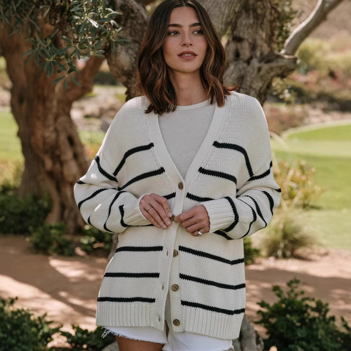 Damen Strickjacke mit breiten Streifen und Knopfverschluss Drune