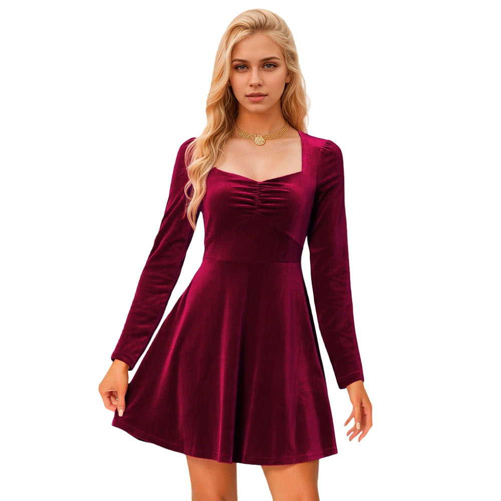 Damen Samt Minikleid mit quadratischem Ausschnitt und langen Ärmeln Drune