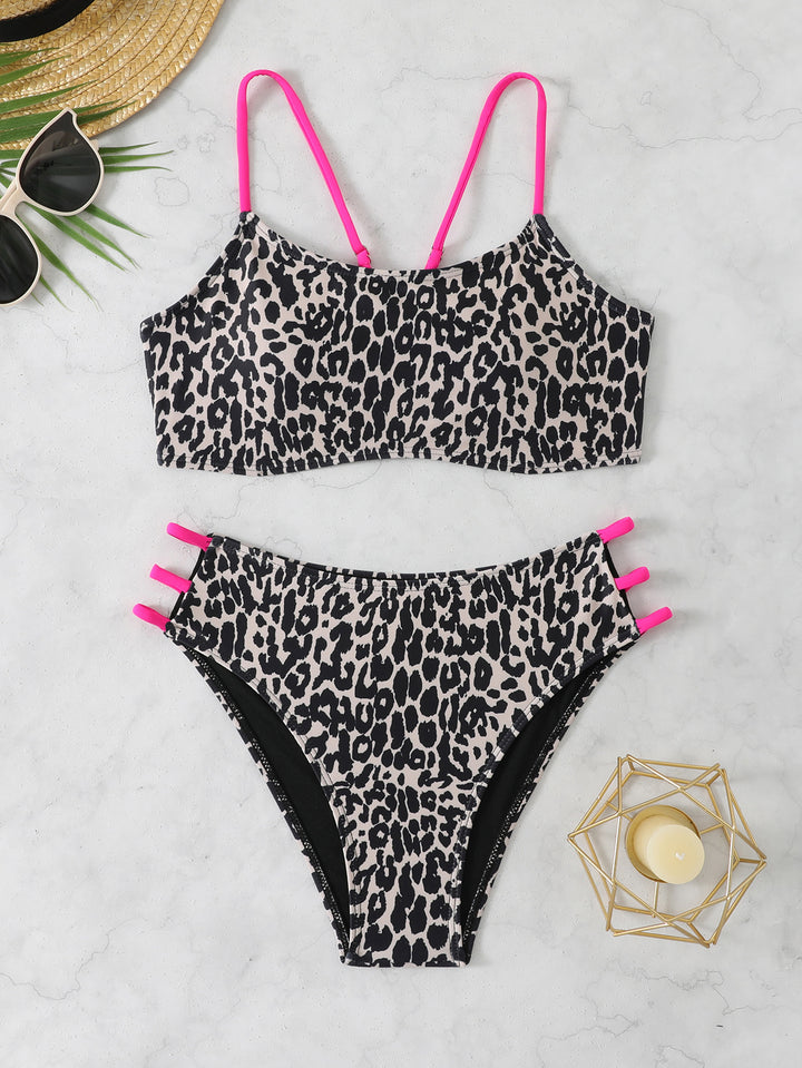 Damen Leopardenmuster Bikini-Set mit sportlichen Details Drune