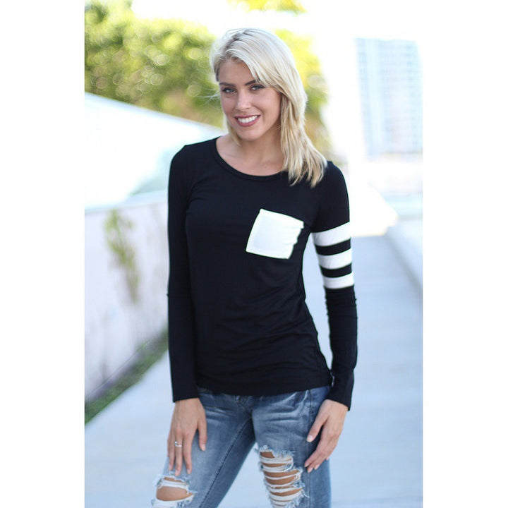 Damen Langarmshirt mit seitlichen Kontraststreifen und abgestepptem Brusttaschen Drune