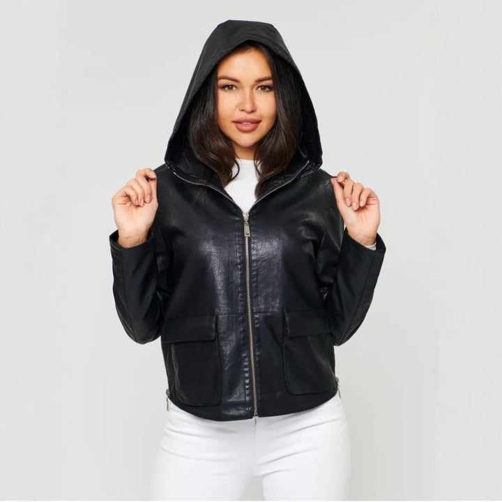 Damen Kunstlederjacke mit angeschnittenem Hoodie und praktischen Taschen Drune