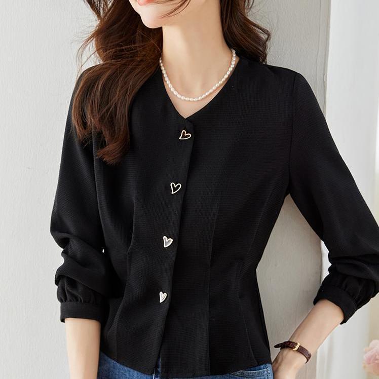 Damen elegante Bluse mit herzförmigen Knopfdetails und voluminösen Ärmeln Drune
