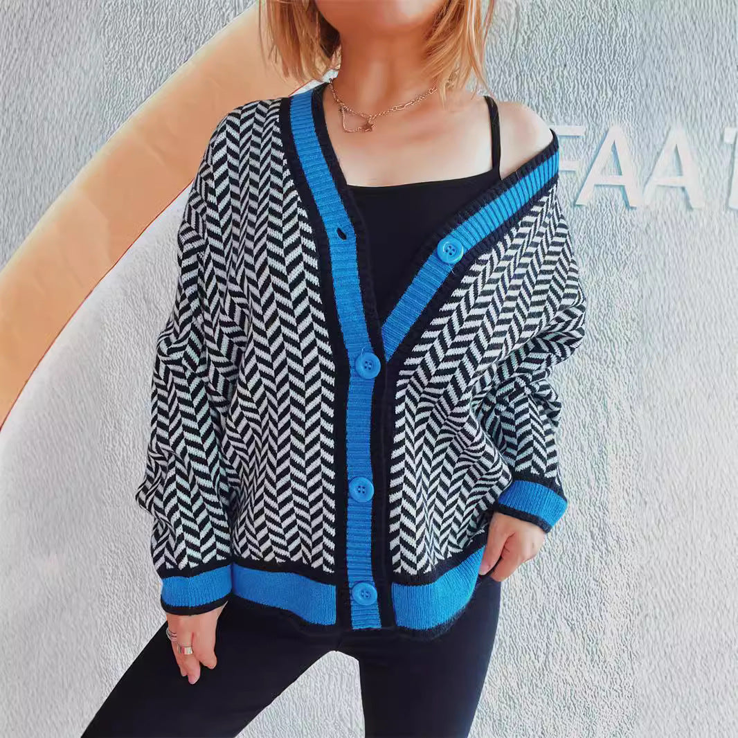 Damen Übergroße Strickjacke mit auffälligem Zickzackmuster und bunten Knöpfen Drune
