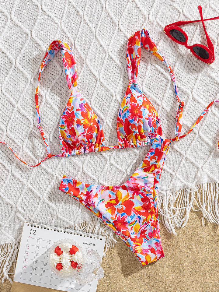 Damen Triangel-Bikini mit buntem Blumendesign und verstellbaren Trägern Drune