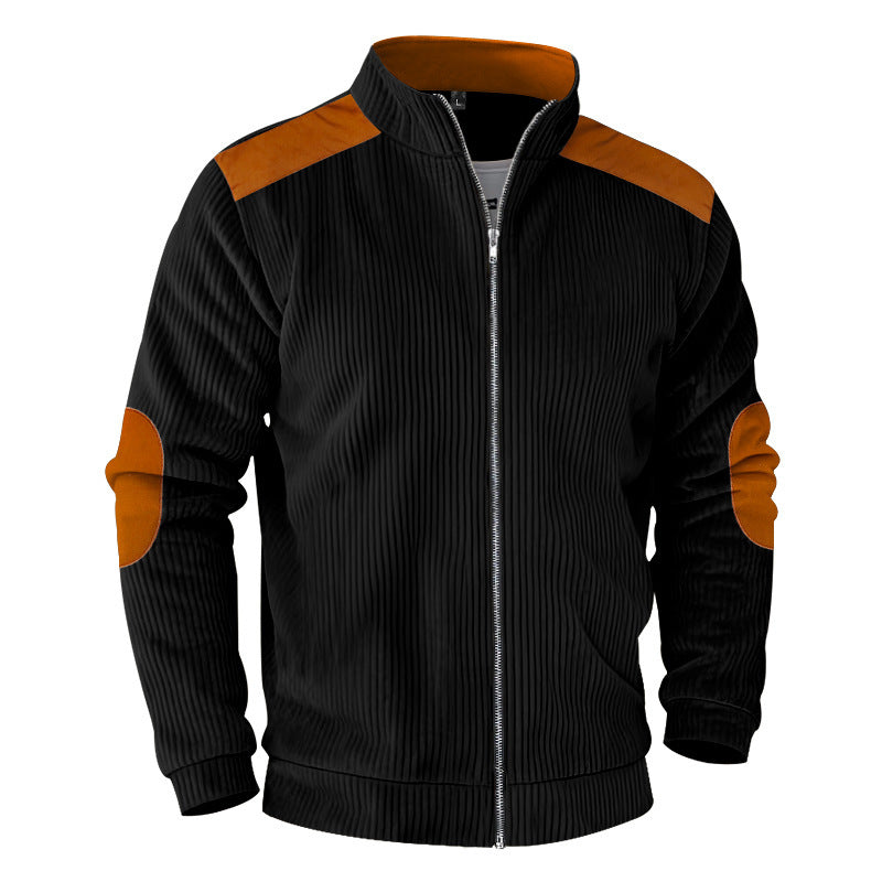 Herren nan gerippte Stehkragen-Sweatjacke mit durchgehendem Reißverschluss, Schulter- und Ellbogen-Patches Drune