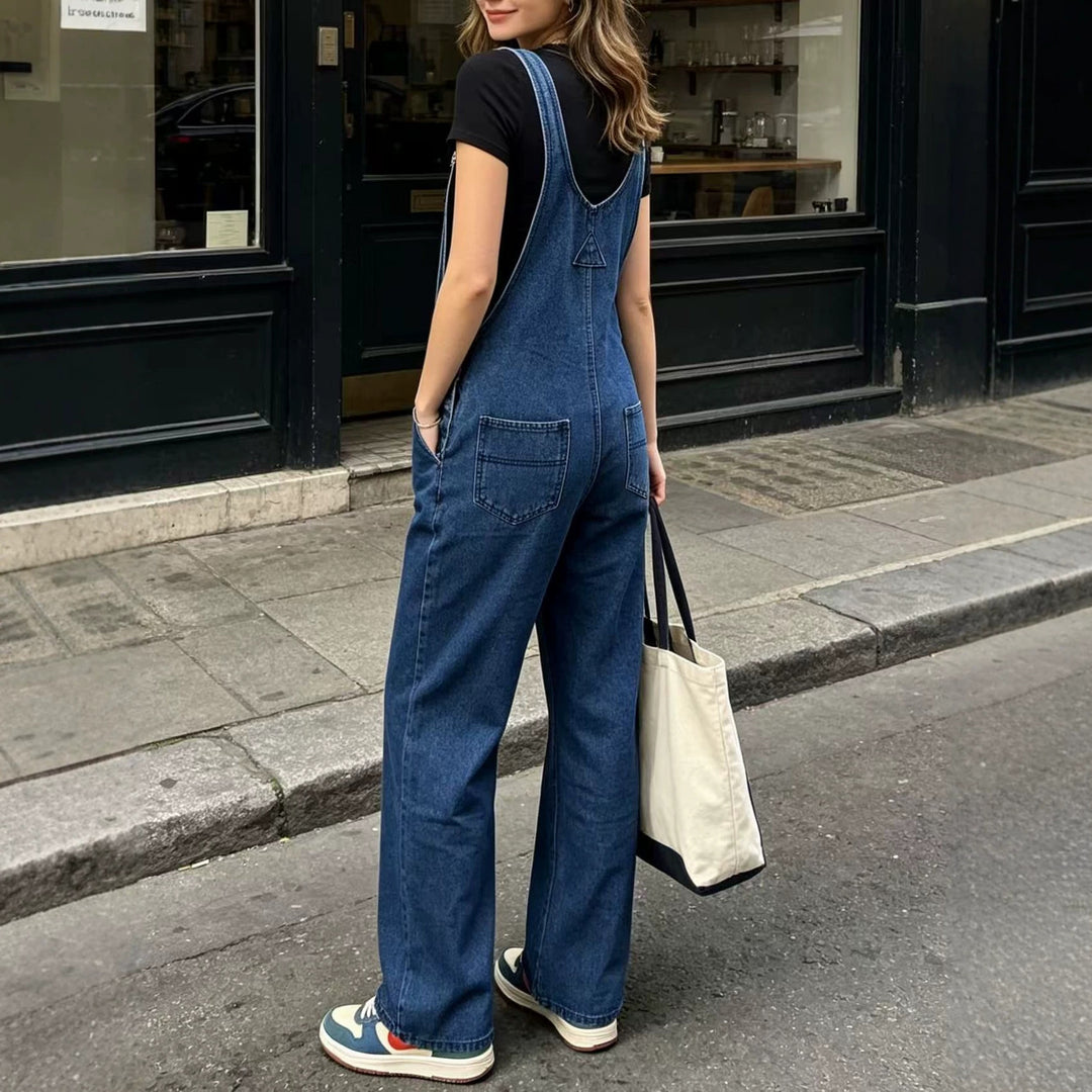 Damen nan weite Denim-Latzhose mit hoher Taille, verstellbaren Trägern und lässigem Schlag Drune