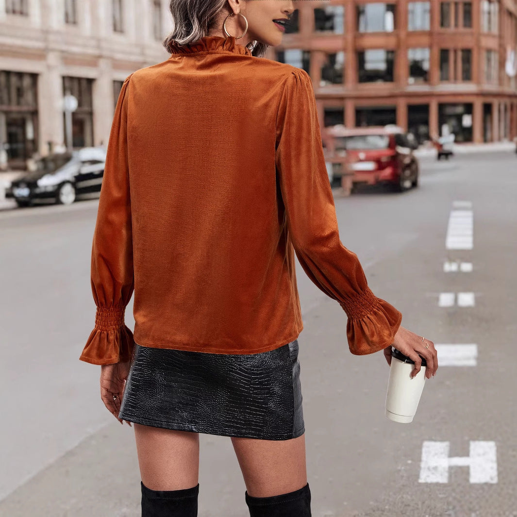 Damen elegante Bluse mit Rüschendetails und geschmeidigem Samt Drune