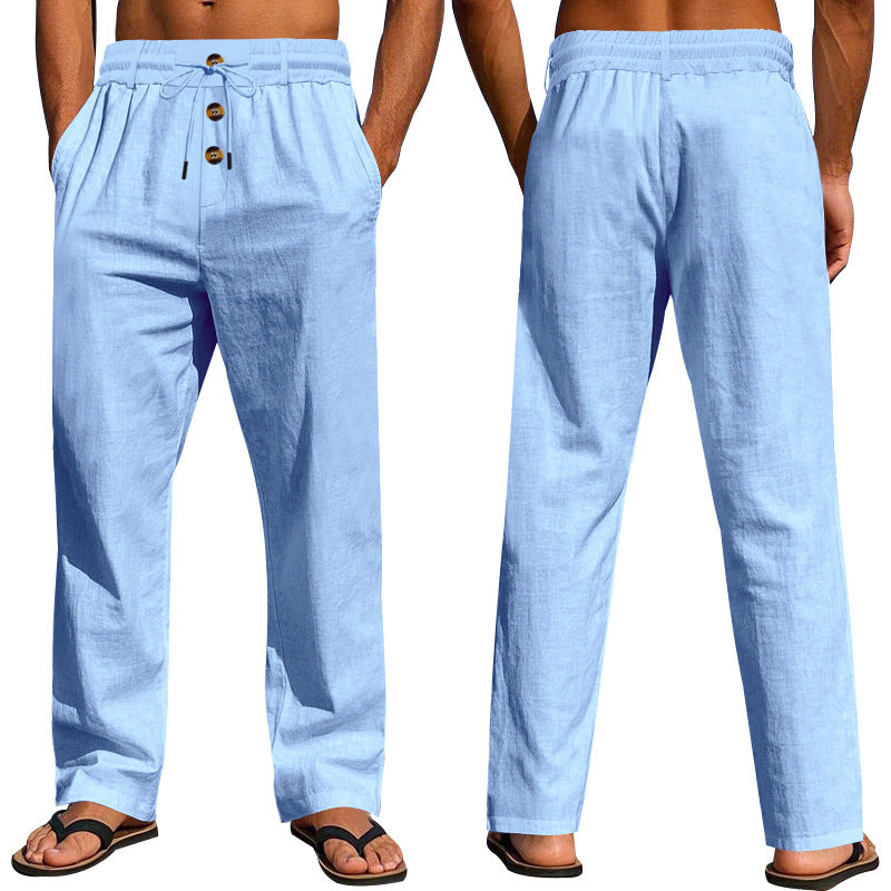 Herren Bequeme Leinenhose mit elastischem Bund und Knopfdetails Drune