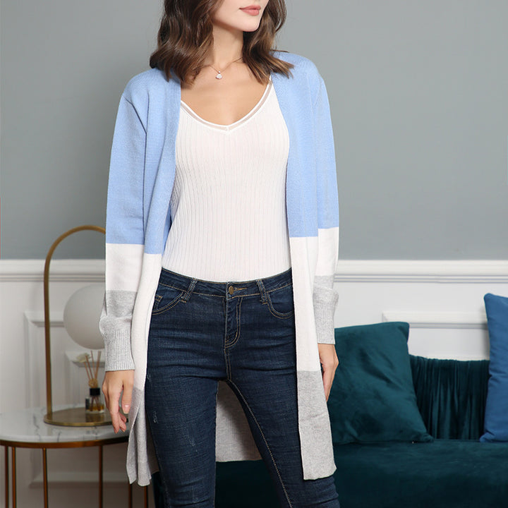 Damen lässige Strickjacke mit modernem Blockstreifenmuster und offenen Fronten Drune