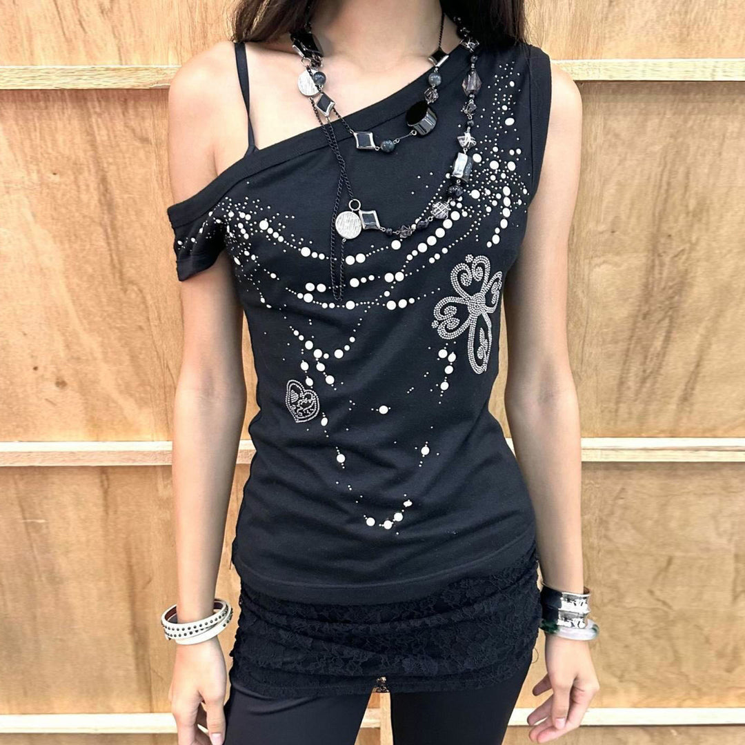 Damen asymmetrisches Tanktop mit stylischem Druck und verzierten Applikationen Drune