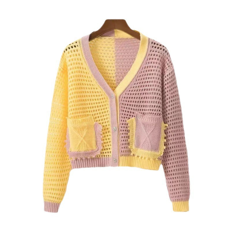 Damen luftiger Strickcardigan mit feiner Netzstruktur und aufgesetzten Taschen Drune