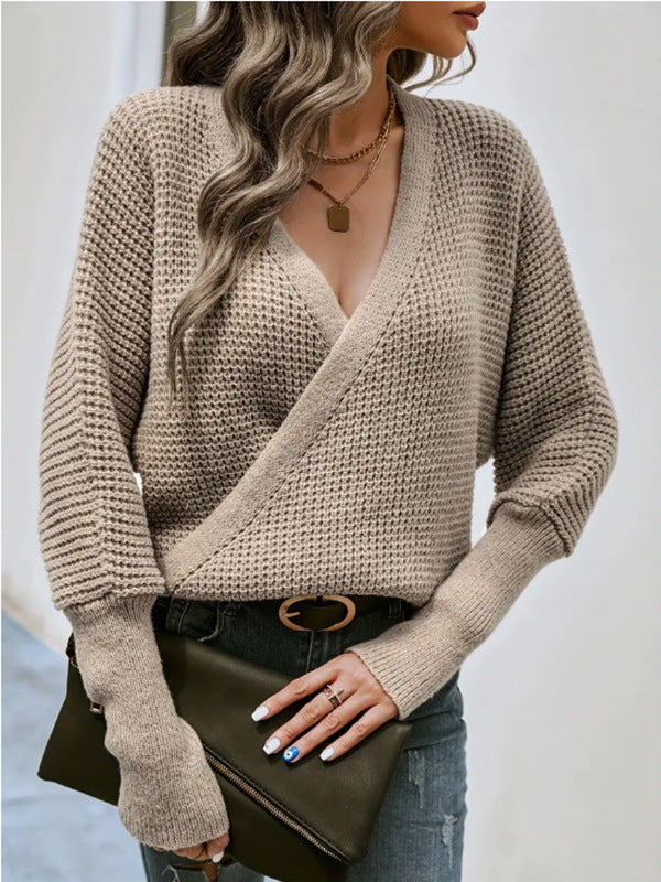 Damen lässiger Strickpullover mit gekreuztem Design und V-Ausschnitt Drune