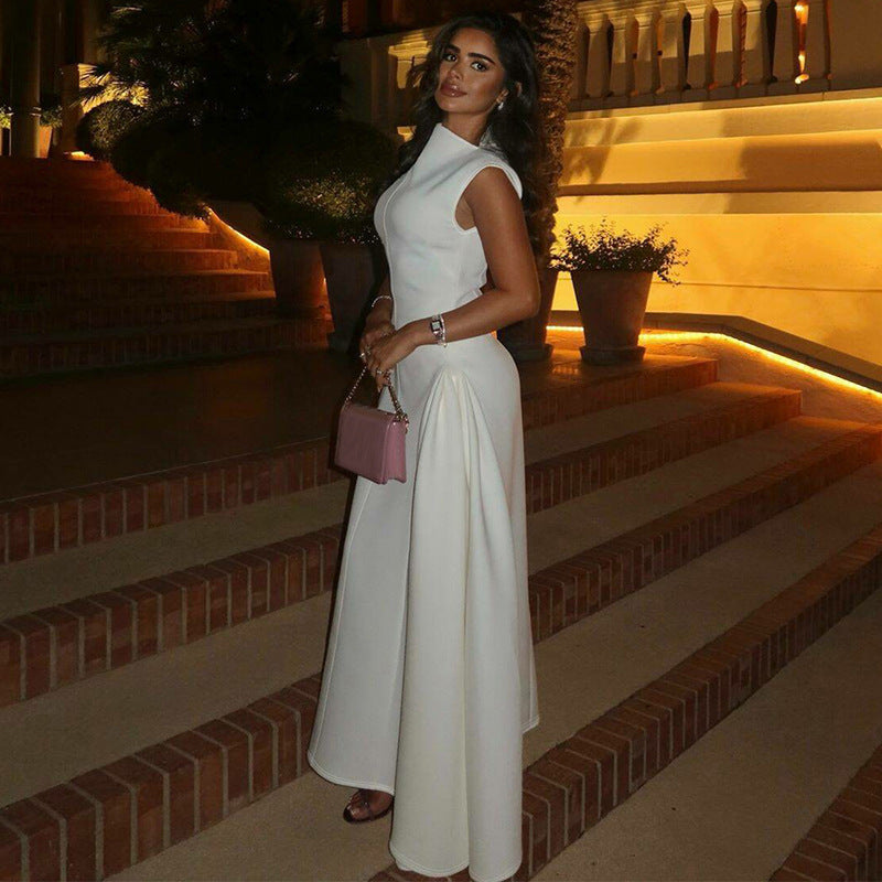 Damen Maxi-Abendkleid mit elegantem Stehkragen und schwingendem Rock Drune