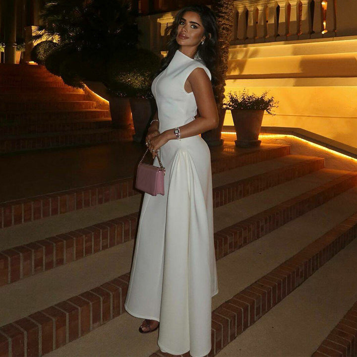 Damen Maxi-Abendkleid mit elegantem Stehkragen und schwingendem Rock Drune