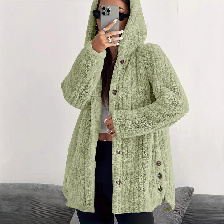 Damen kuschelige Fleecejacke mit Kapuze und Knopfverschluss Drune