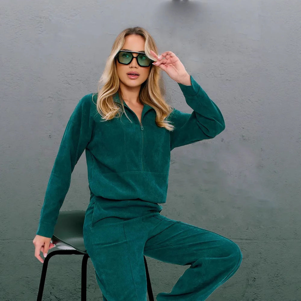 Damen sportliches Fleece-Set mit hohem Kragen und weitem Bein Drune