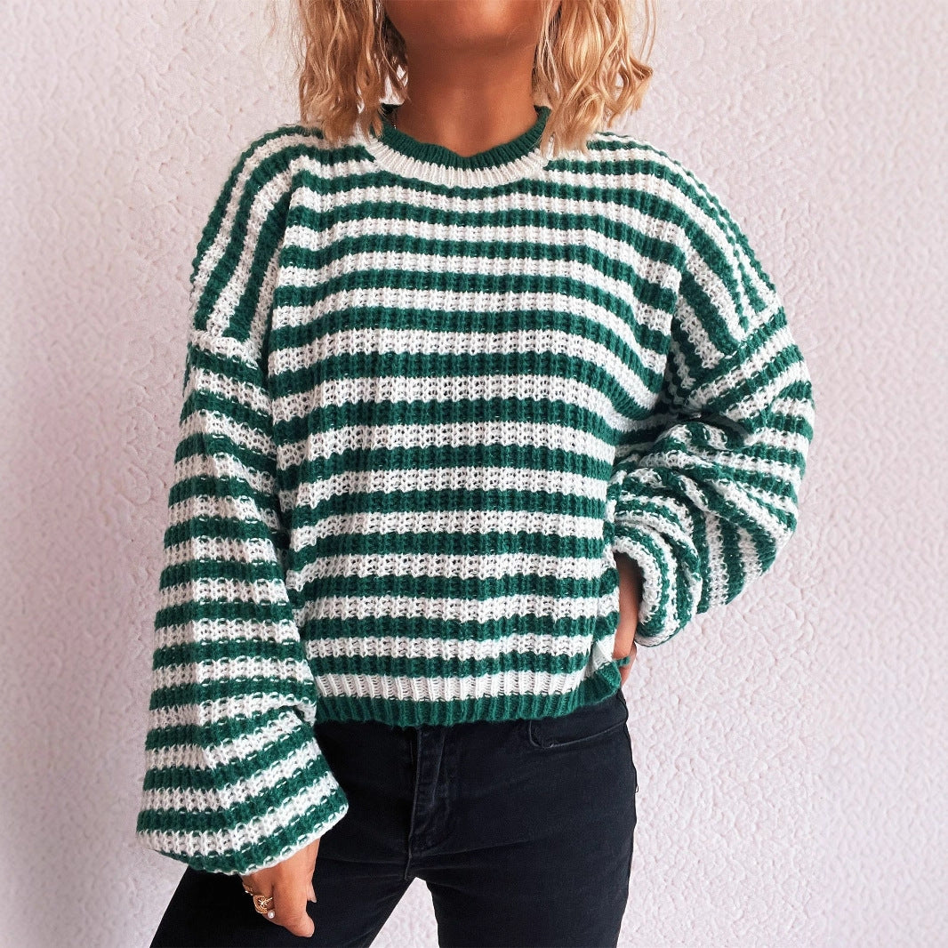 Damen lässiger Strickpullover mit breiten Streifen Drune