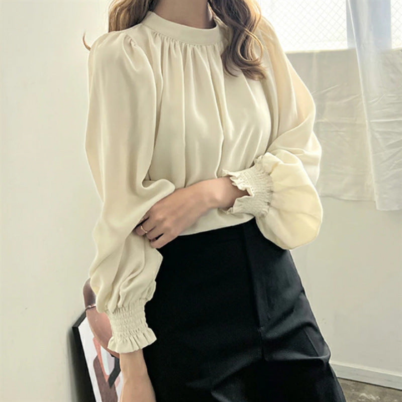 Damen elegante Bluse mit voluminösen Ärmeln und Stehkragen Drune