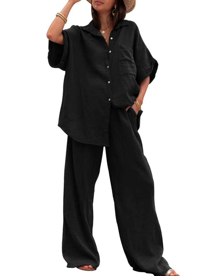 Damen luftiges Oversize-Hemd und weite Hose Set Drune
