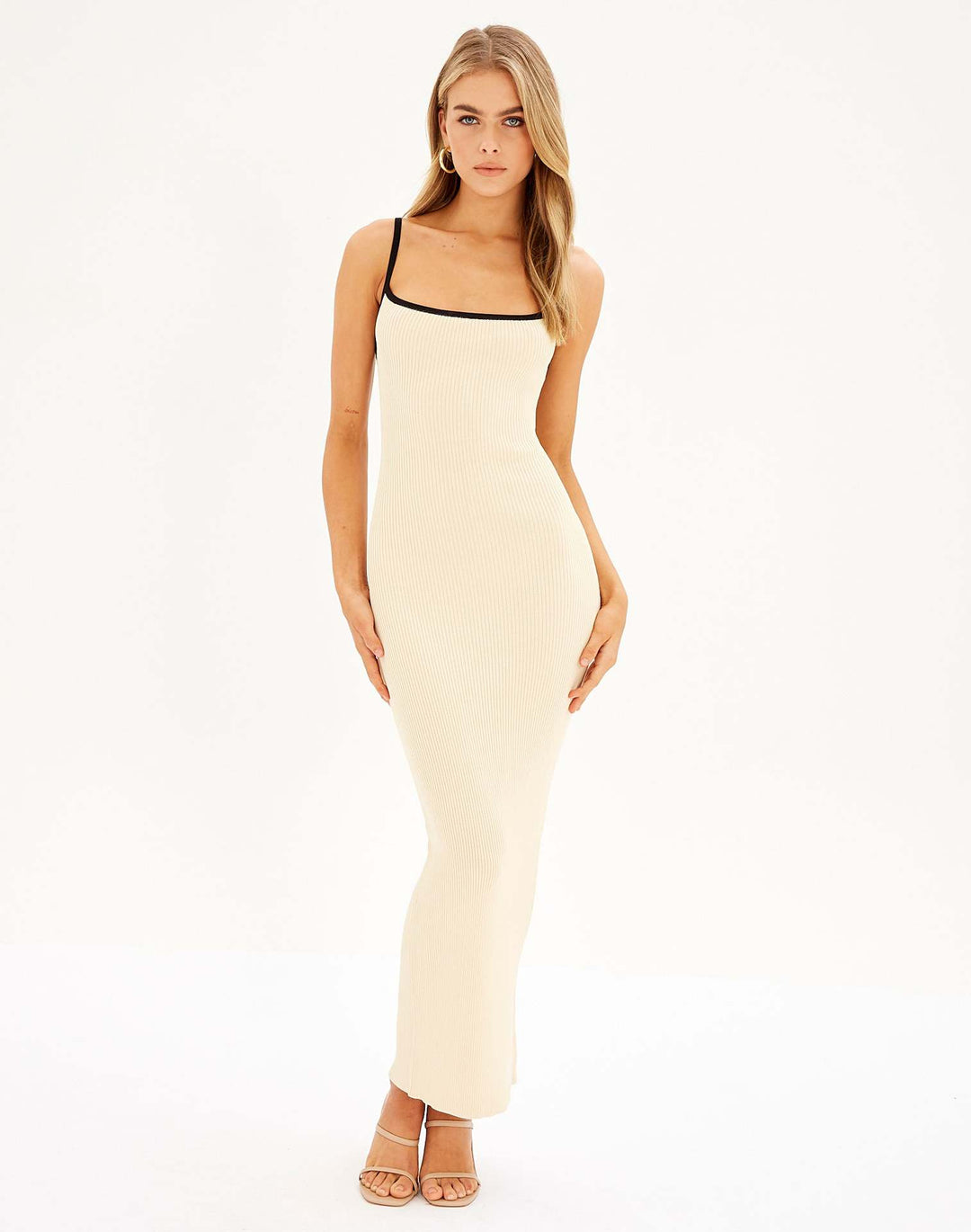 Damen Maxikleid mit schmalem Rippmuster und verstellbaren Spaghettiträgern Drune