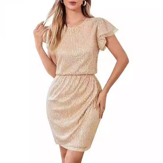 Damen Pailletten Cocktailkleid mit voluminösen Rüschenärmeln Drune