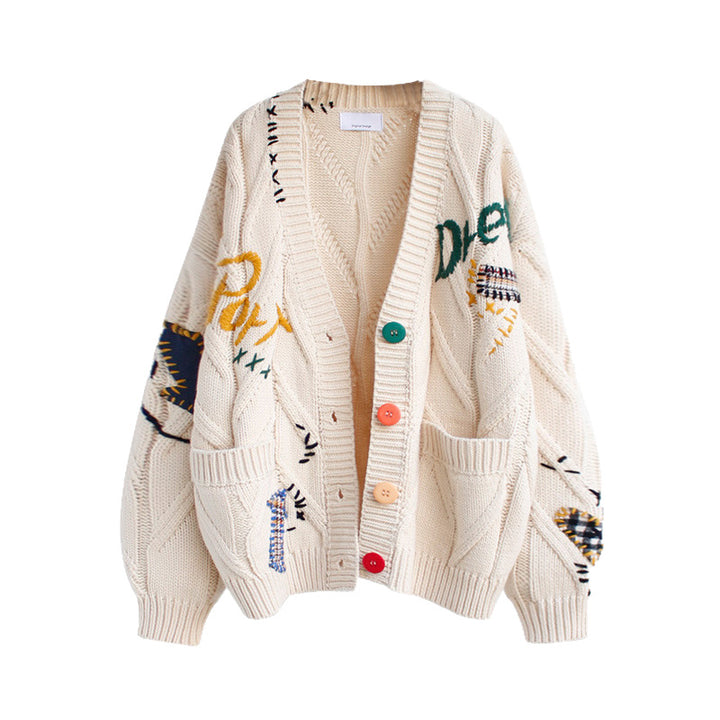 Damen verspielte Strickjacke mit bunten Applikationen und Taschen Drune