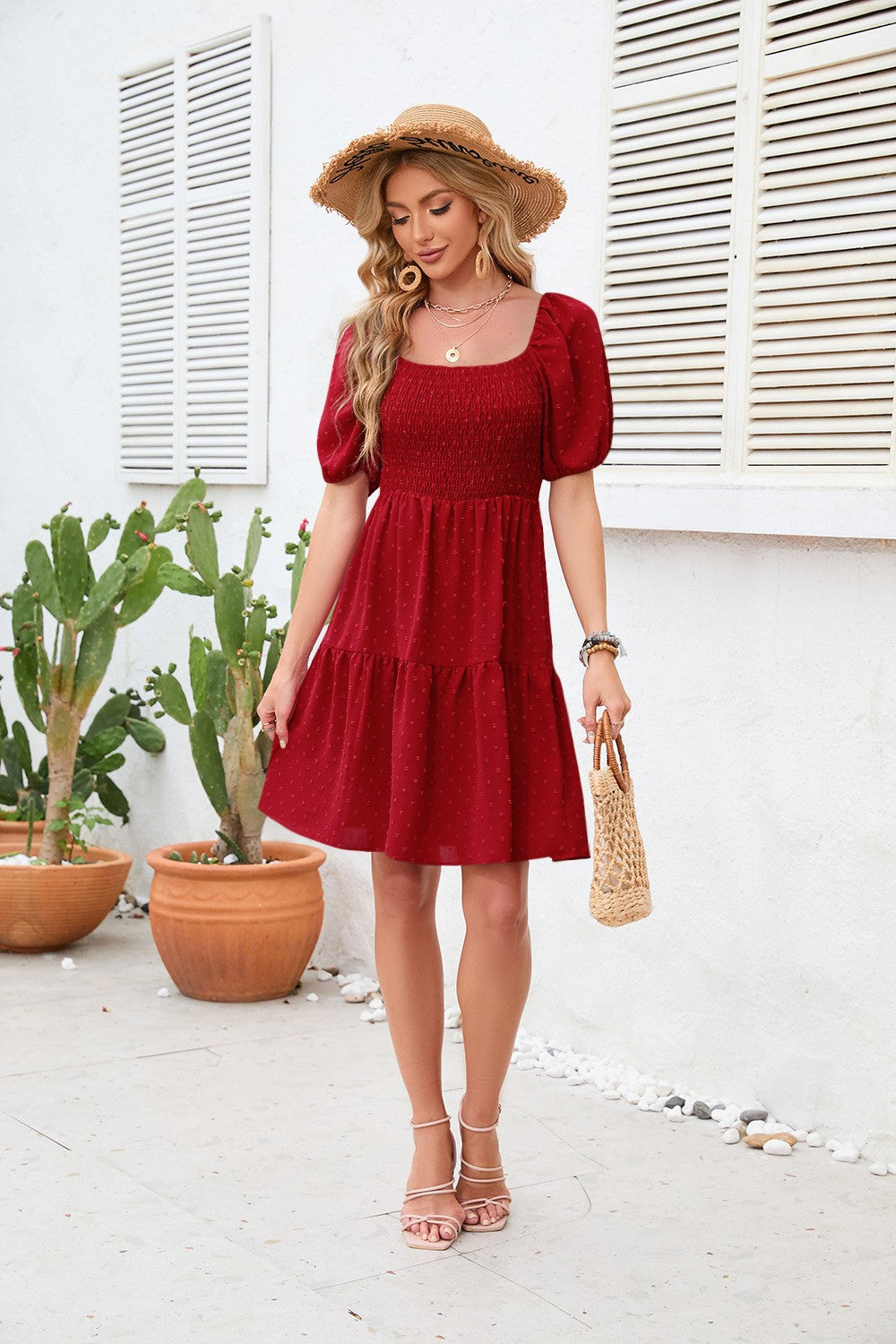 Damen luftiges Shirtkleid mit Puffärmeln und Rüschensaum Drune