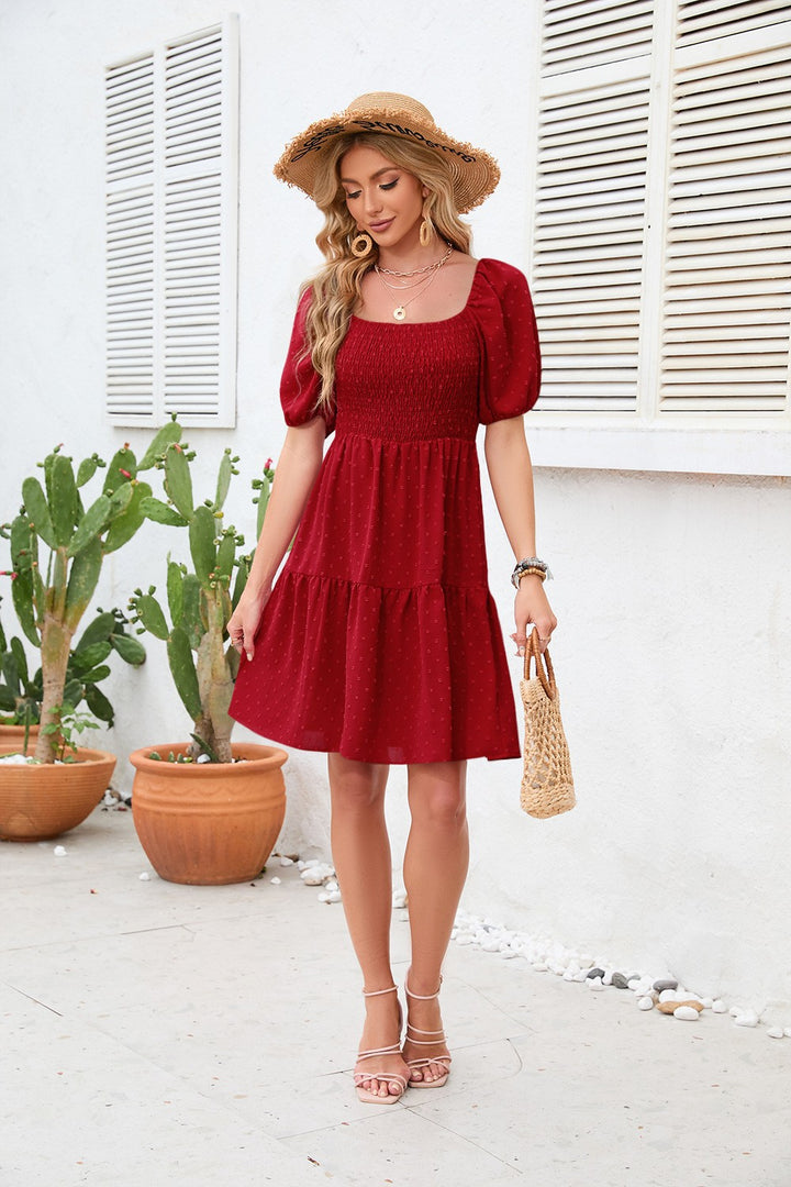 Damen luftiges Shirtkleid mit Puffärmeln und Rüschensaum Drune