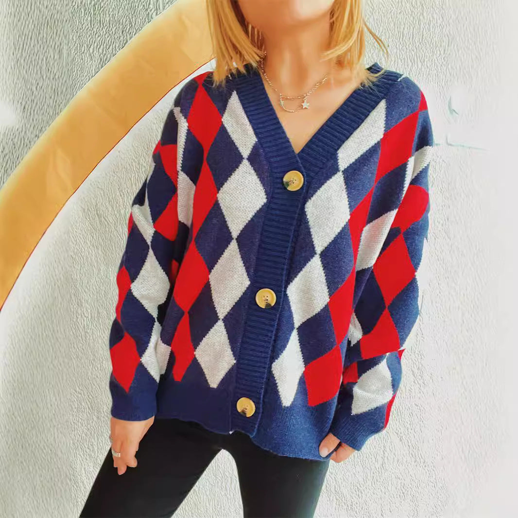 Damen Gemusterte Strickjacke im modernen Rautendesign mit großen Knöpfen Drune