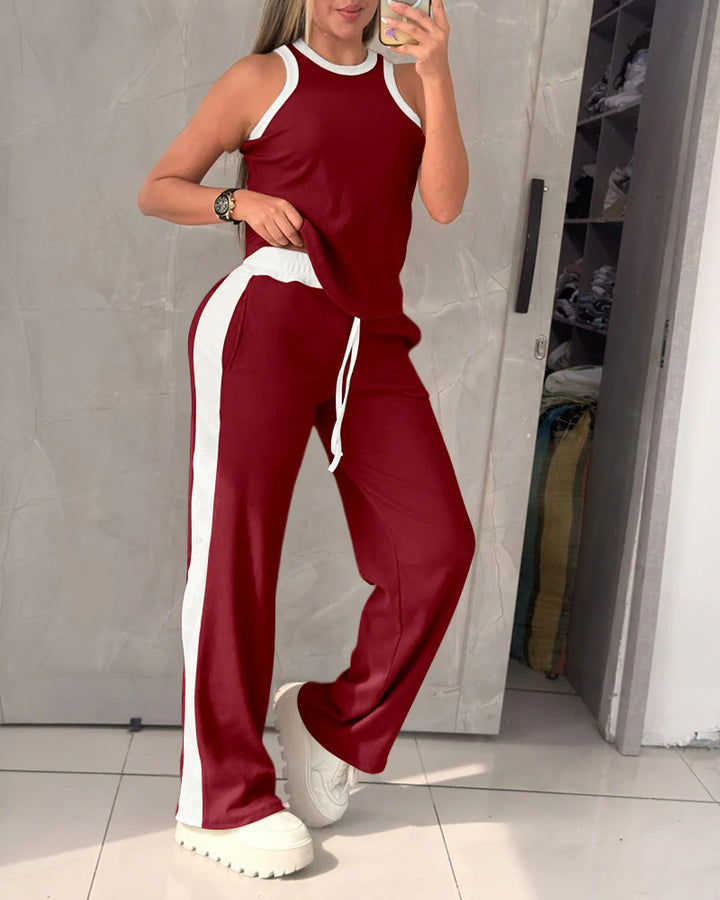 Damen Sportliches Zweiteiler-Set mit ärmellosem Oberteil und weitem Hose Drune