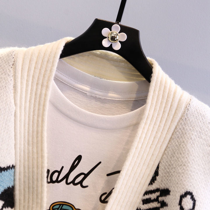 Damen Cartoon-Design Strickjacke mit breiten Ärmeln und Taschen Drune