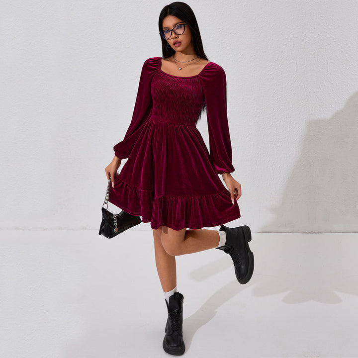 Damen Samt Minikleid mit Rüschendetails und elastischem Bund Drune