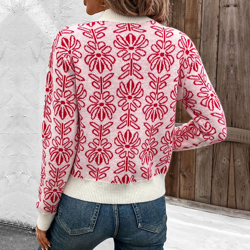 Damen Strickpullover mit floralem Muster und Stehkragen Drune