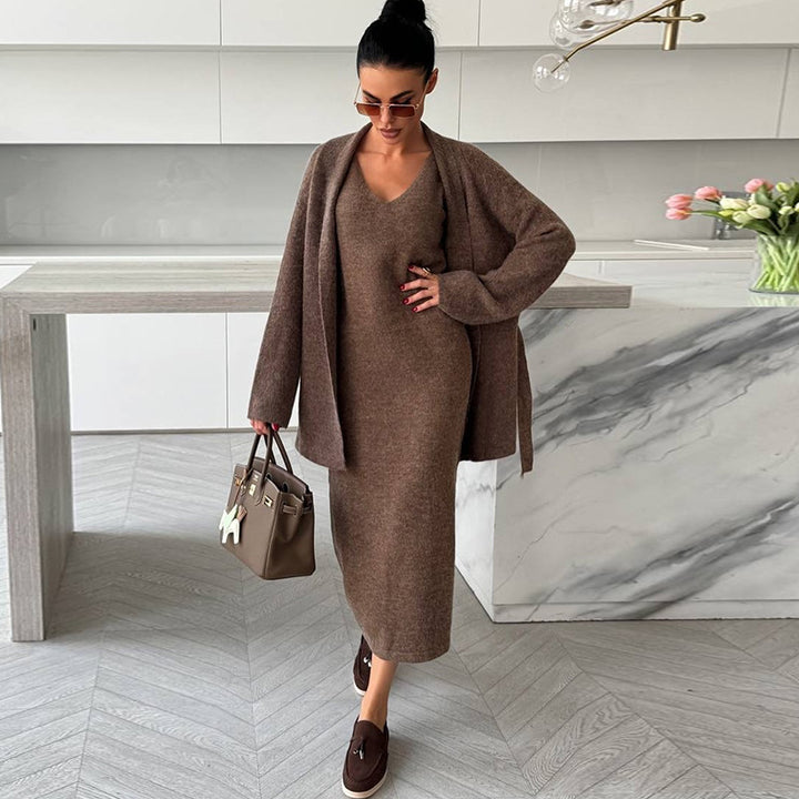Damen elegantes Strick-Ensemble mit Wickeljacke und Bleistiftrock Drune