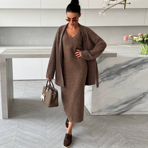 Damen elegantes Strick-Ensemble mit Wickeljacke und Bleistiftrock Drune