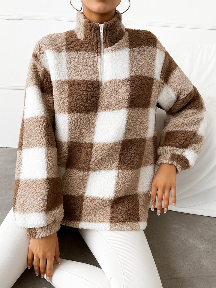 Damen nan kariertes Teddy-Fleece Pullover mit Stehkragen und halbhohem Reißverschluss Drune