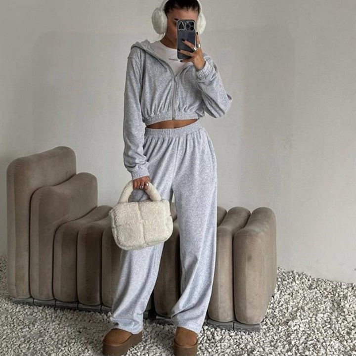 Damen nan Samt-Trainingsanzug zweiteilig mit cropped Kapuzenjacke und hoher Taille Jogginghose Drune