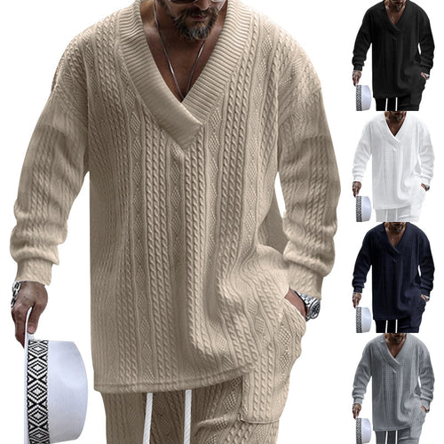 Herren nan oversized Kabelstrick V-Ausschnitt Pullover mit Relaxhose Set Drune