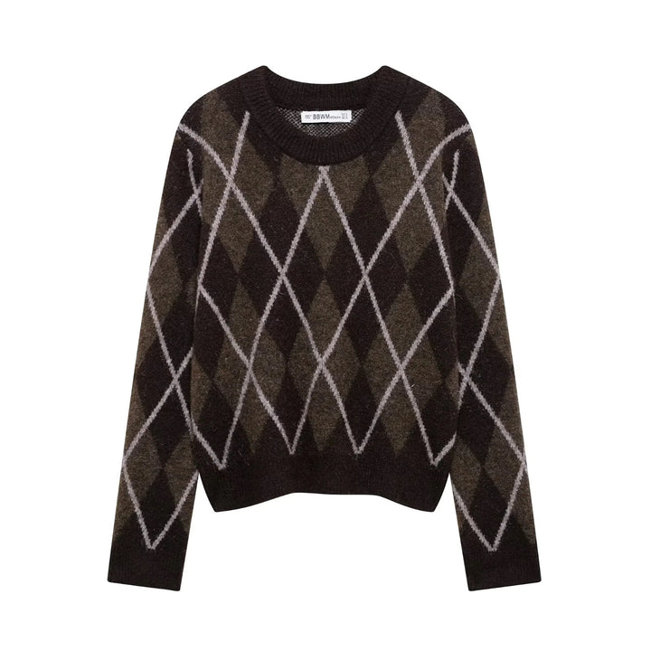 Damen lässiger Pullover mit Rautenmuster und Rundhalsausschnitt Drune