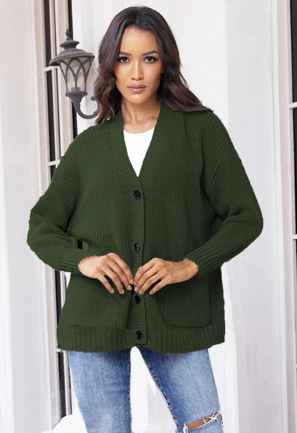 Damen Grobstrickjacke mit großen Taschen und modernem Knopfdesign Drune