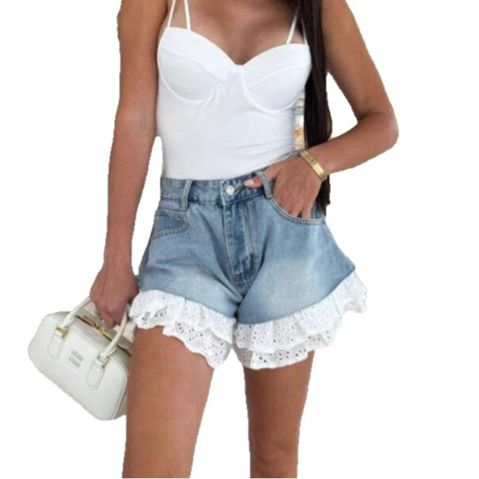 Damen Denim-Shorts mit Spitzenverzierung und voluminösem Saum Drune