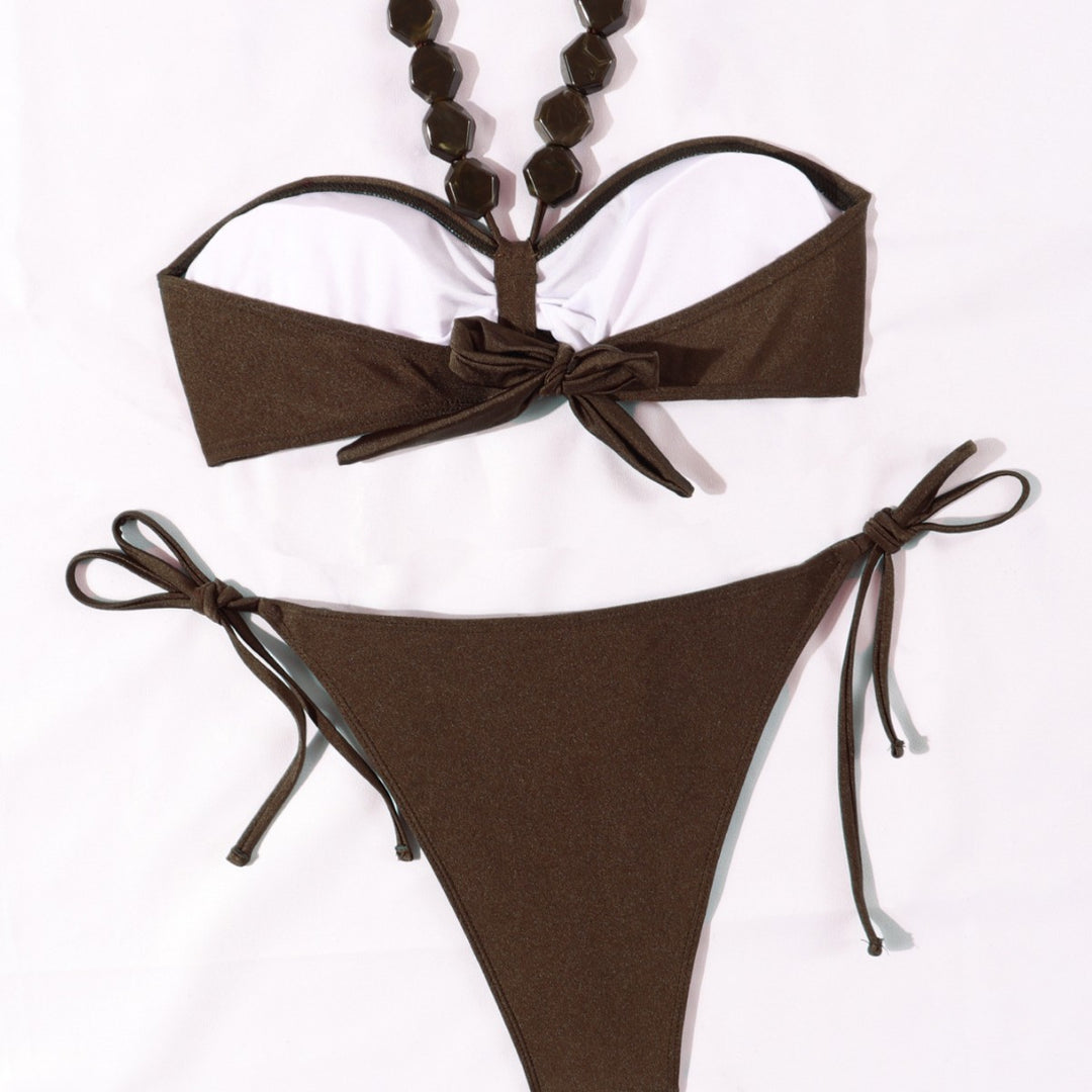Damen Eleganter Bandeau-Bikini mit dekorativen Perlen Drune