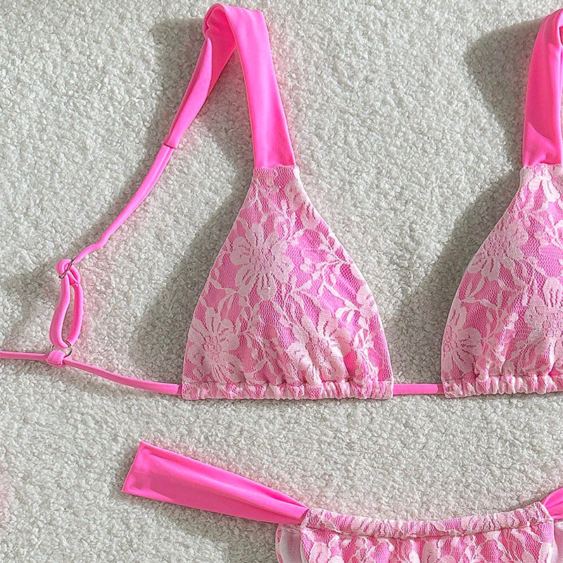 Damen Triangel-Bikini mit filigranem Floral-Design und verstellbaren Trägern Drune